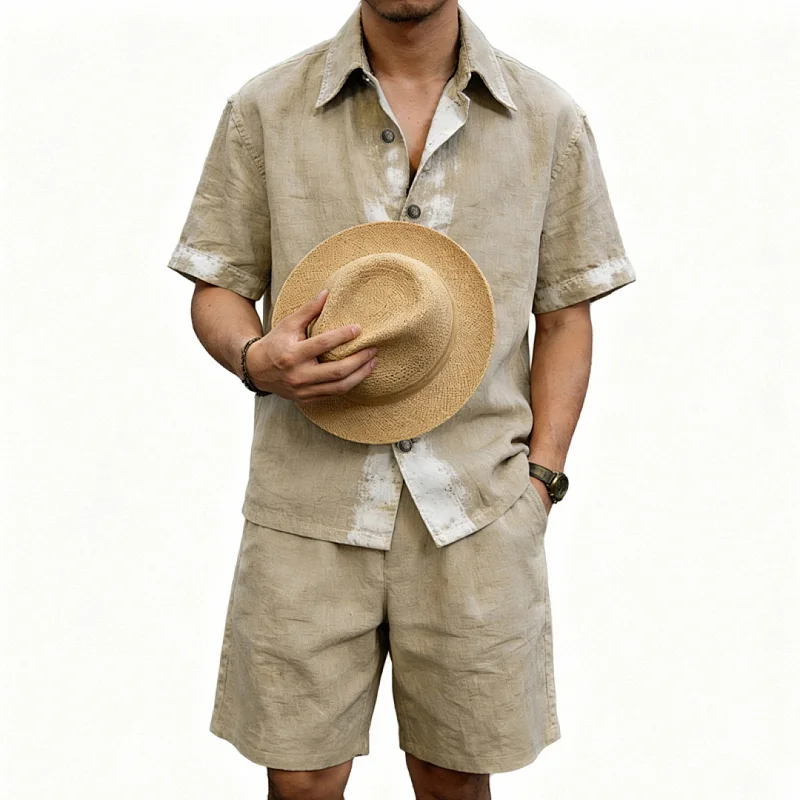 Men's Linen Graffiti Print Shirt & Shorts Set - Loose Fit, Summer wholesale view 6