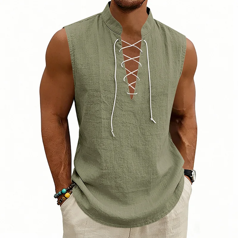 Men's Linen Viking Drawstring Vest - Breathable Sleeveless Top wholesale view 5