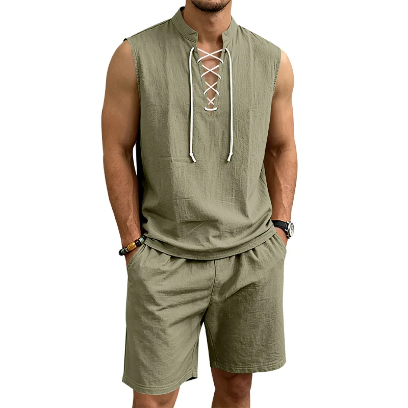 Men's Linen Blend Drawstring Sleeveless Retro Resort Set wholesale view 5