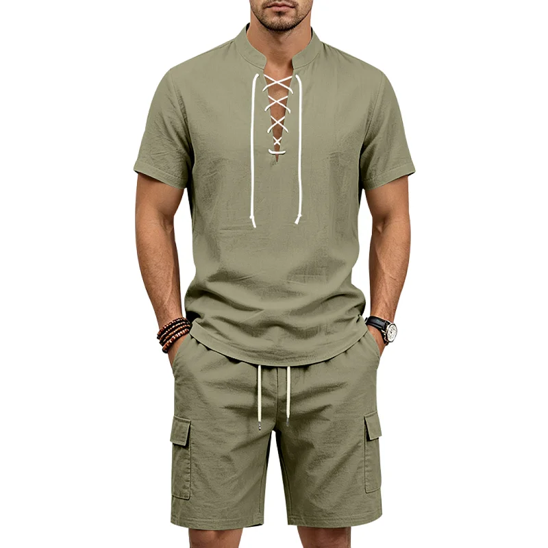 Men's Linen Blend Casual Shorts Set, Breathable Loose Fit wholesale view 5
