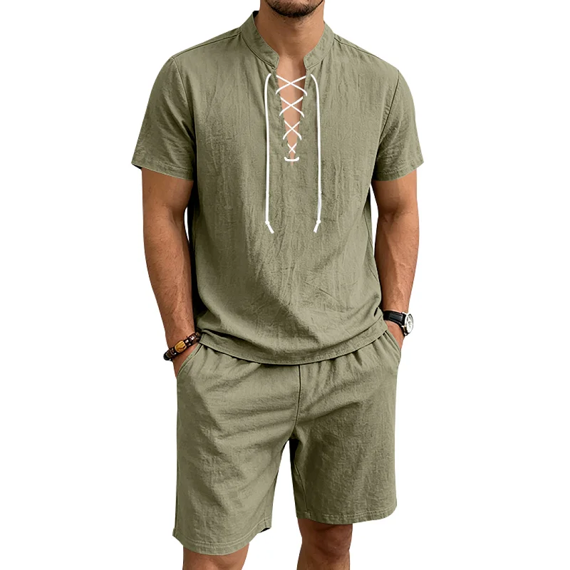 Men's Linen Blend Casual Set - Loose Fit Drawstring Collar Summer Outfit wholesale view 5