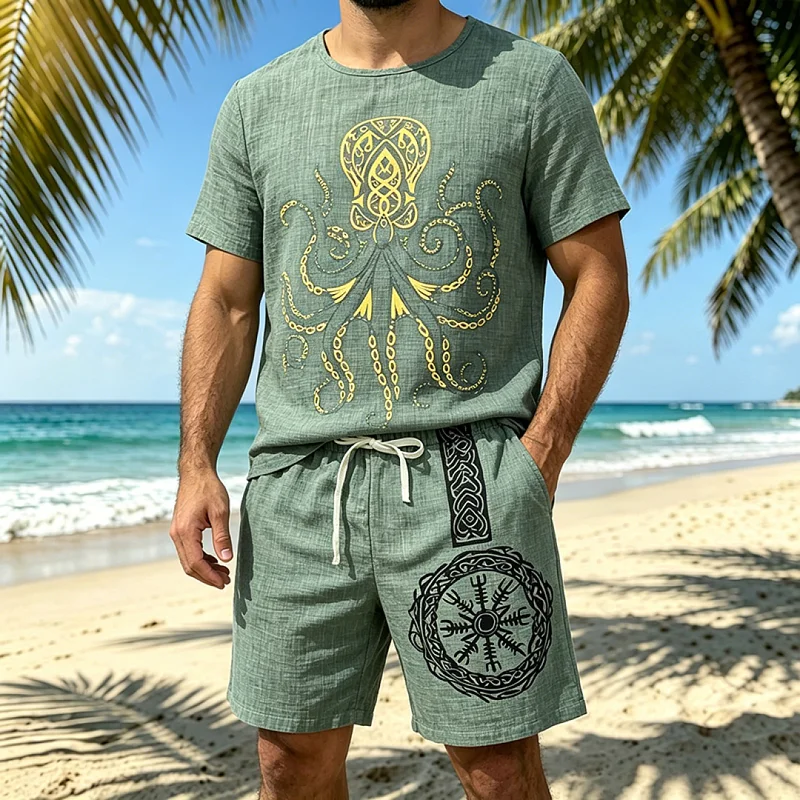 Men's Viking Faith Print Linen-Look Loose Shorts Set wholesale view 6