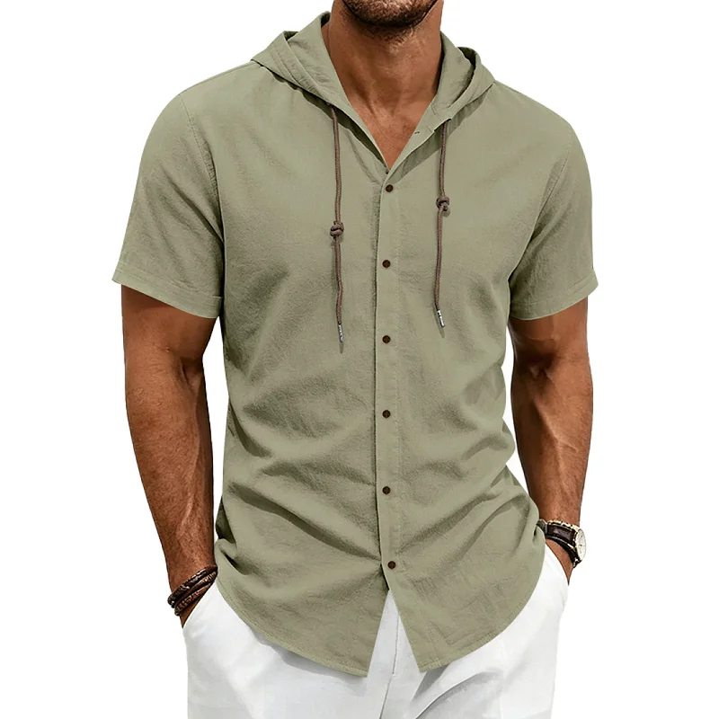 Men's Linen Blend Hoodie Shirt - Loose Fit, Breathable Short Sleeve wholesale view 5