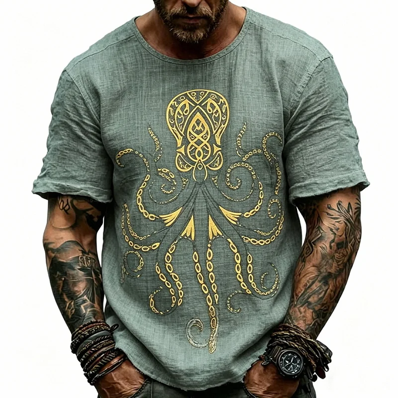 Men's Casual Gold Print Short Sleeve Shirt - Loose Fit, Polyester wholesale view 2