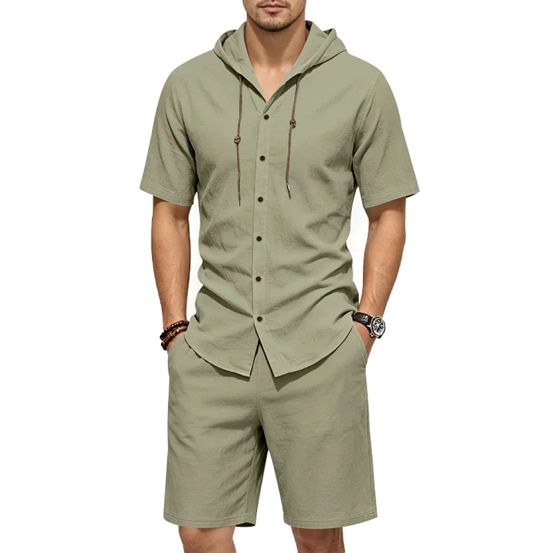 Men's Linen Blend Hooded Shirt & Shorts Set - Casual Summer Loungewear wholesale view 5