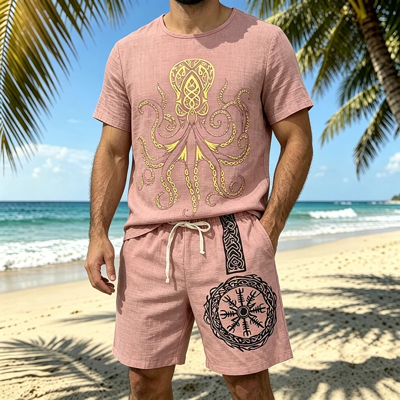Men's Viking Faith Print Linen-Look Loose Shorts Set wholesale view 5