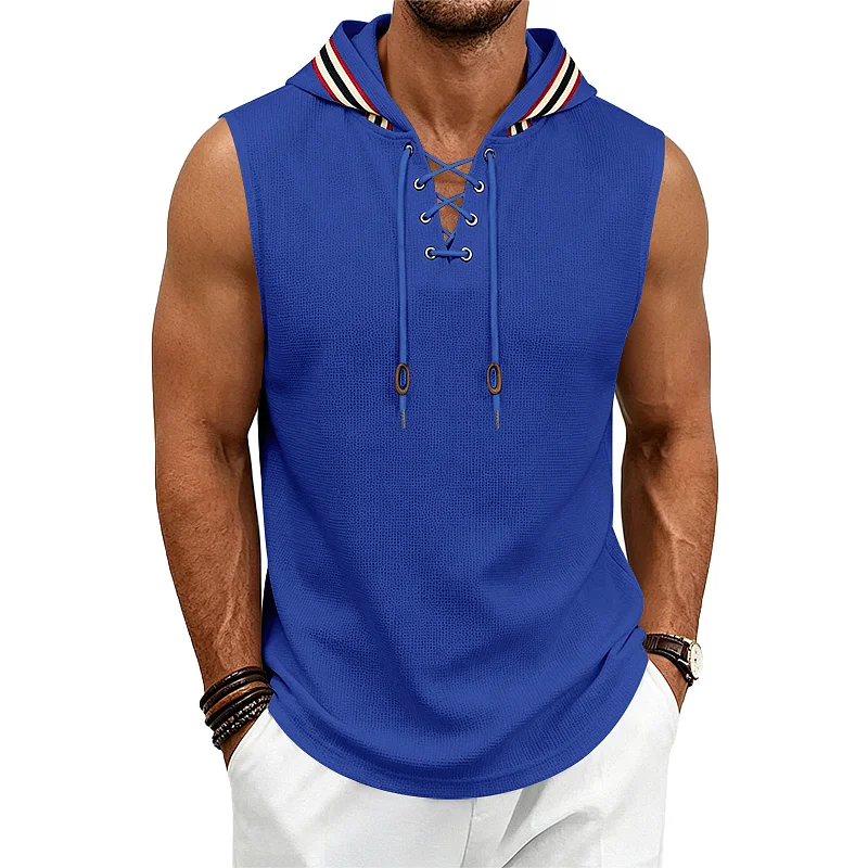Men's Hooded Waffle Knit Vest - Loose Fit Drawstring Sleeveless Top wholesale view 5