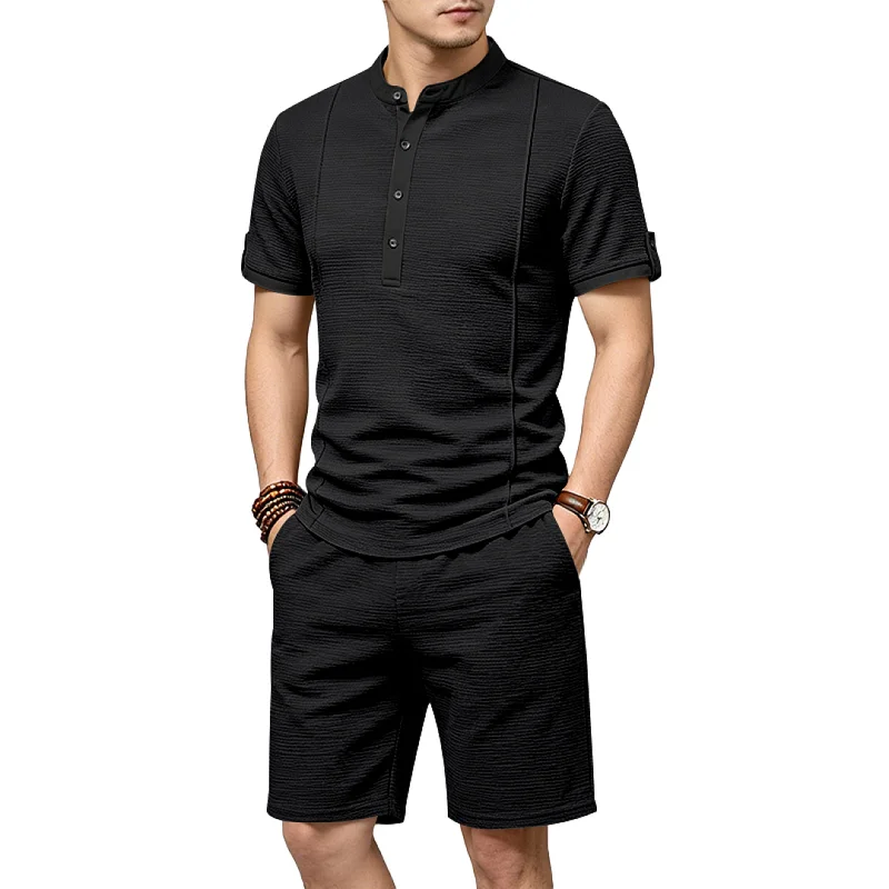 Men's Retro Textured Henley Set - Summer Casual Resort Wear wholesale view 3
