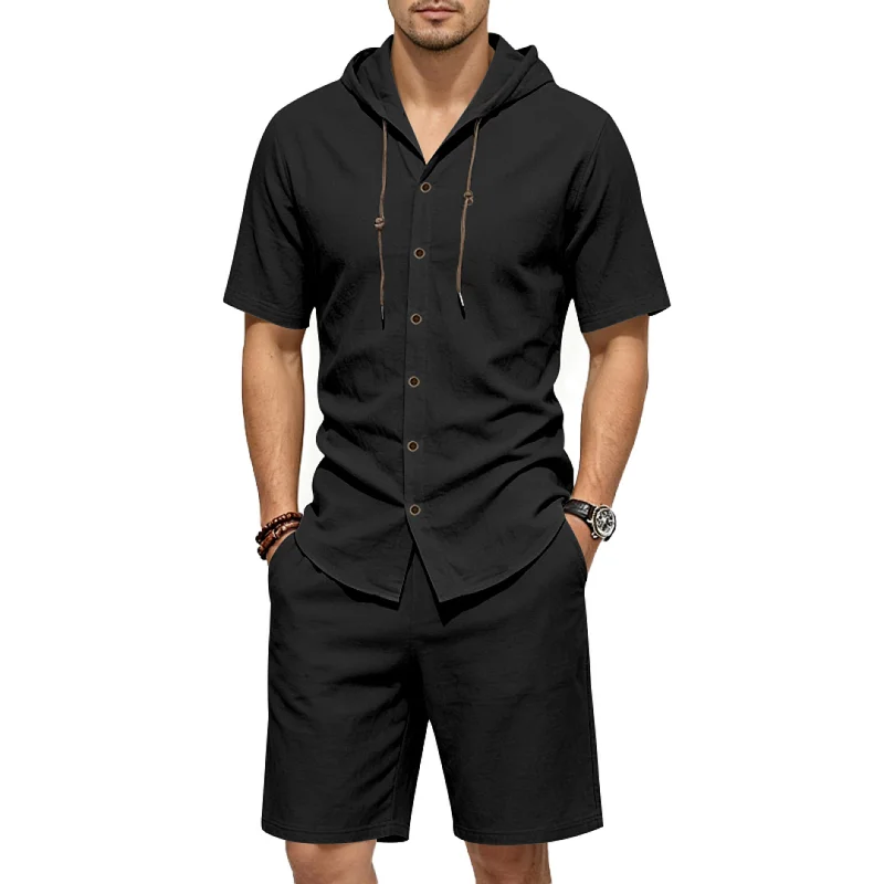 Men's Linen Blend Hooded Shirt & Shorts Set - Casual Summer Loungewear wholesale view 3