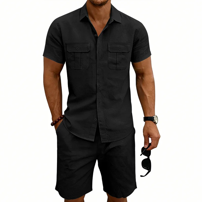 Men's Linen Blend Loose Fit Short Sleeve Shirt & Shorts Set wholesale view 3