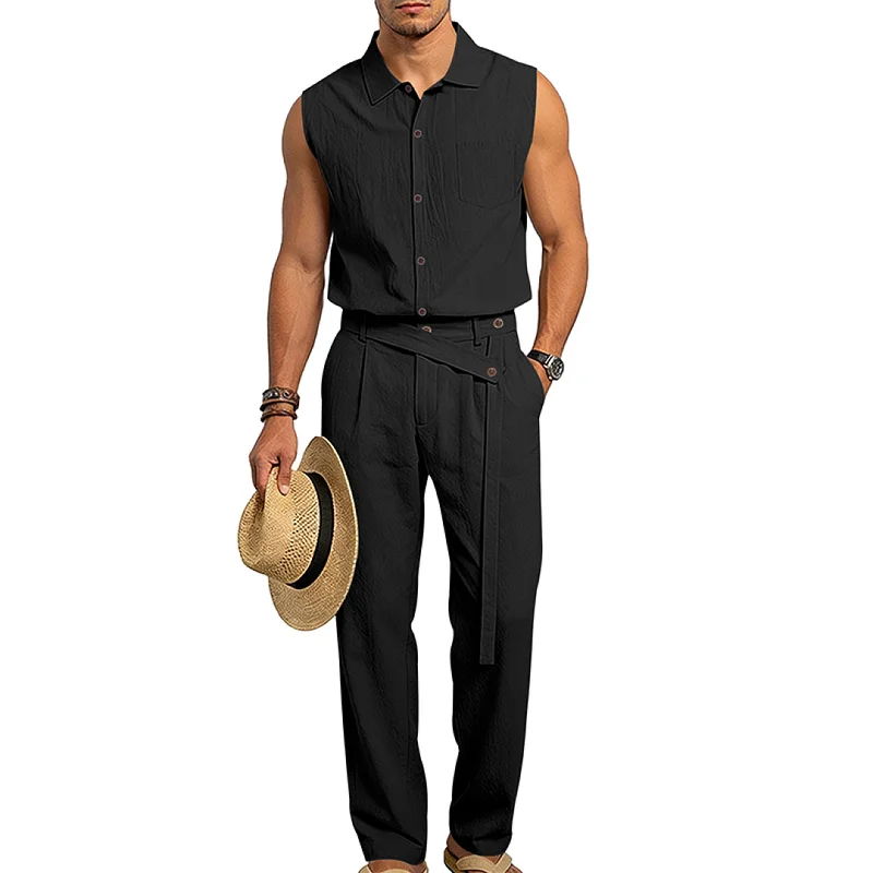 Men's Linen Blend Sleeveless Shirt & Pants Set - Summer Casual wholesale view 3