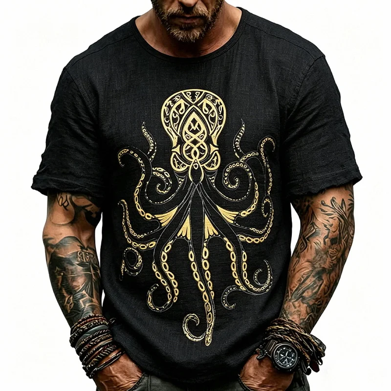 Men's Casual Gold Print Short Sleeve Shirt - Loose Fit, Polyester wholesale view 3