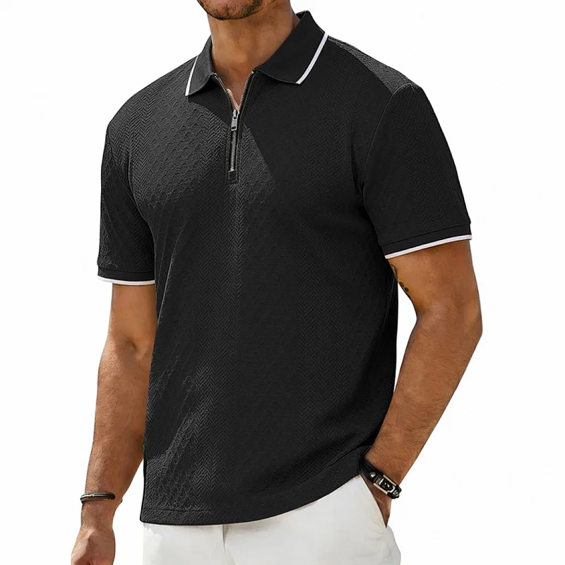 Men's Retro Loose Textured Zip Polo Shirt - Summer wholesale front view