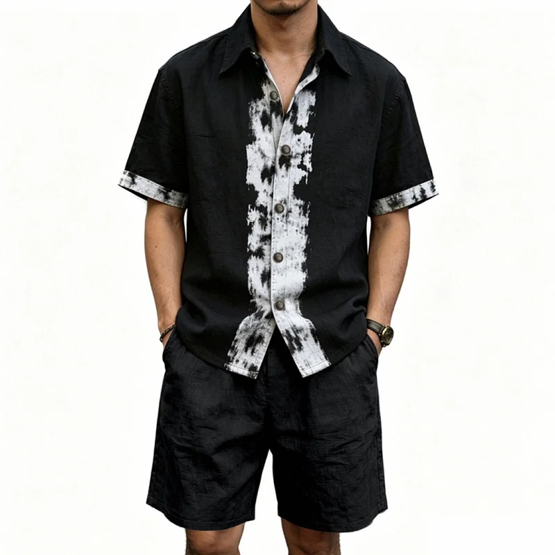 Men's Linen Graffiti Print Shirt & Shorts Set - Loose Fit, Summer wholesale view 3