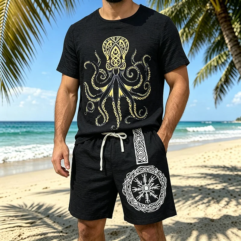 Men's Viking Faith Print Linen-Look Loose Shorts Set wholesale view 2