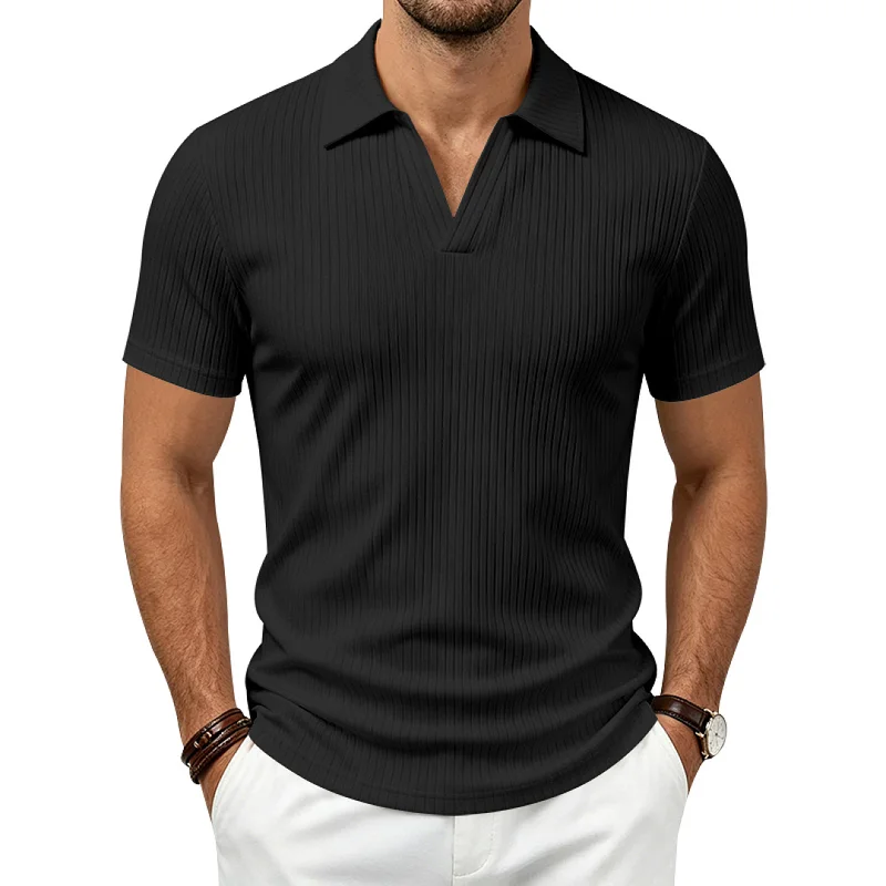 Men's V-Neck Polo Shirt - Stretch Breathable Quick Dry Ribbed Knit wholesale view 3