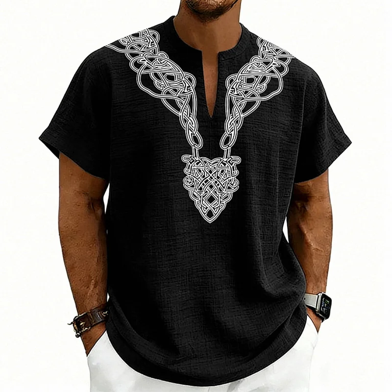 Men's Lightweight V-Neck T-Shirt, Loose Fit, Rune Print wholesale view 2