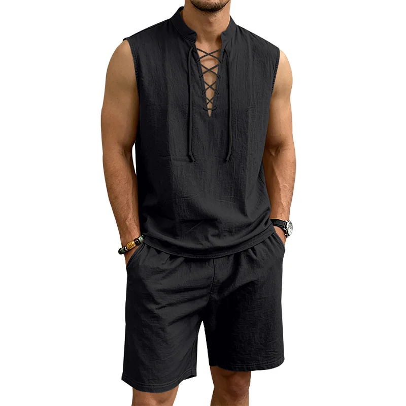 Men's Linen Blend Drawstring Sleeveless Retro Resort Set wholesale view 3