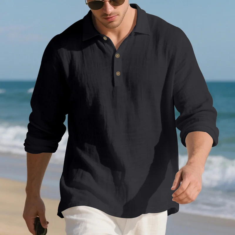 Men's Linen Blend Long Sleeve Polo Shirt - Casual Business Style wholesale view 2