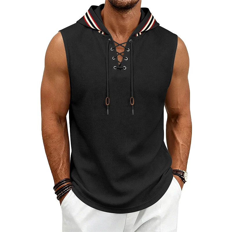 Men's Hooded Waffle Knit Vest - Loose Fit Drawstring Sleeveless Top wholesale view 3