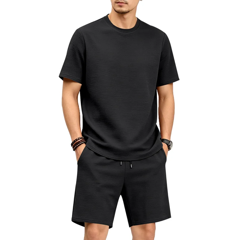Men's Summer Textured Tracksuit - Loose Fit Polyester Shorts Set wholesale view 3