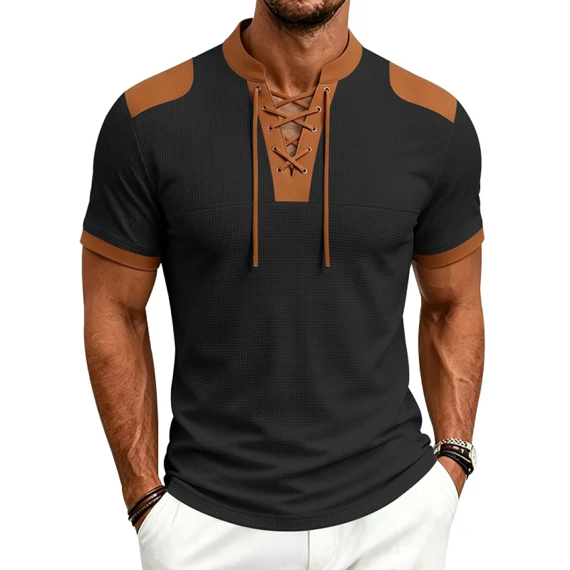 Men's Waffle Knit Henley Shirt, Loose Fit, Drawstring, Summer wholesale view 2