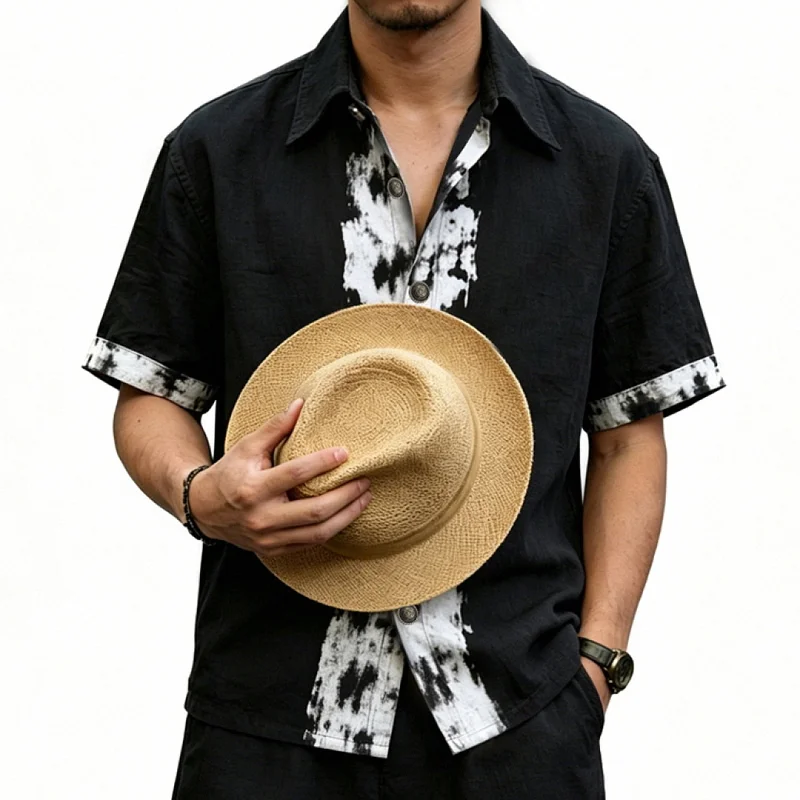 Men's Linen Blend Splatter Paint Loose Fit Hawaiian Shirt wholesale view 3