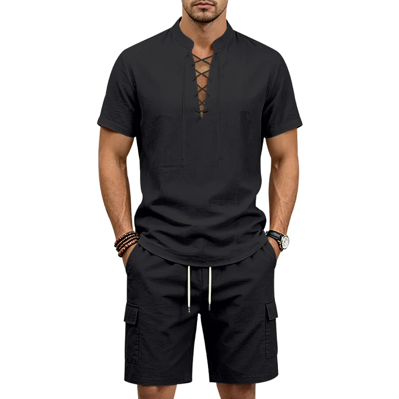Men's Linen Blend Casual Shorts Set, Breathable Loose Fit wholesale view 3