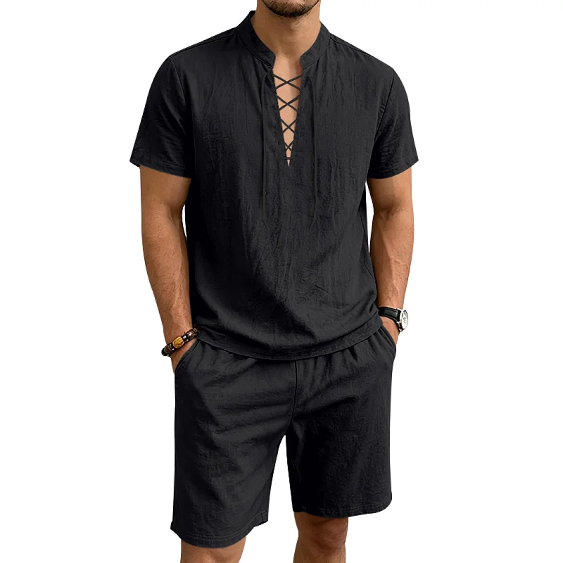 Men's Linen Blend Casual Set - Loose Fit Drawstring Collar Summer Outfit wholesale view 3