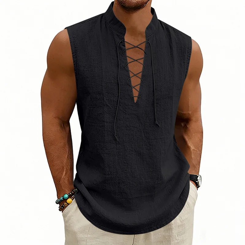 Men's Linen Viking Drawstring Vest - Breathable Sleeveless Top wholesale view 2