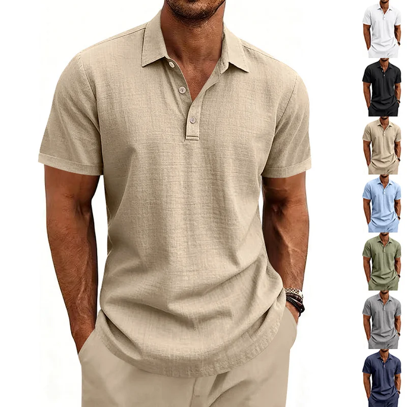 Men's Linen Blend Casual Polo Shirt - Breathable Short Sleeve wholesale view 2