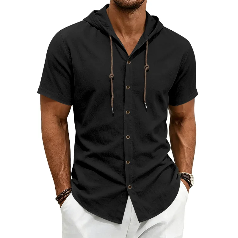 Men's Linen Blend Hoodie Shirt - Loose Fit, Breathable Short Sleeve wholesale view 3
