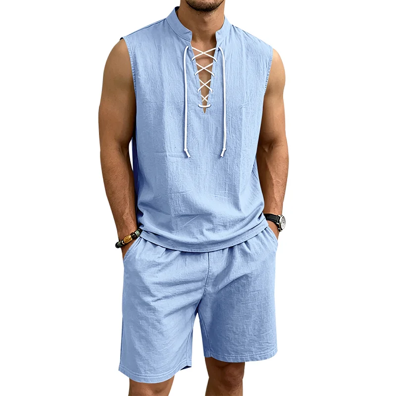 Men's Linen Blend Drawstring Sleeveless Retro Resort Set wholesale view 4