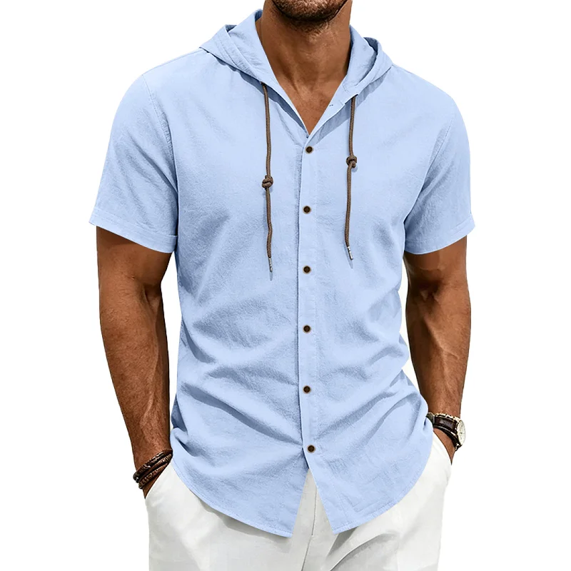 Men's Linen Blend Hoodie Shirt - Loose Fit, Breathable Short Sleeve wholesale view 4