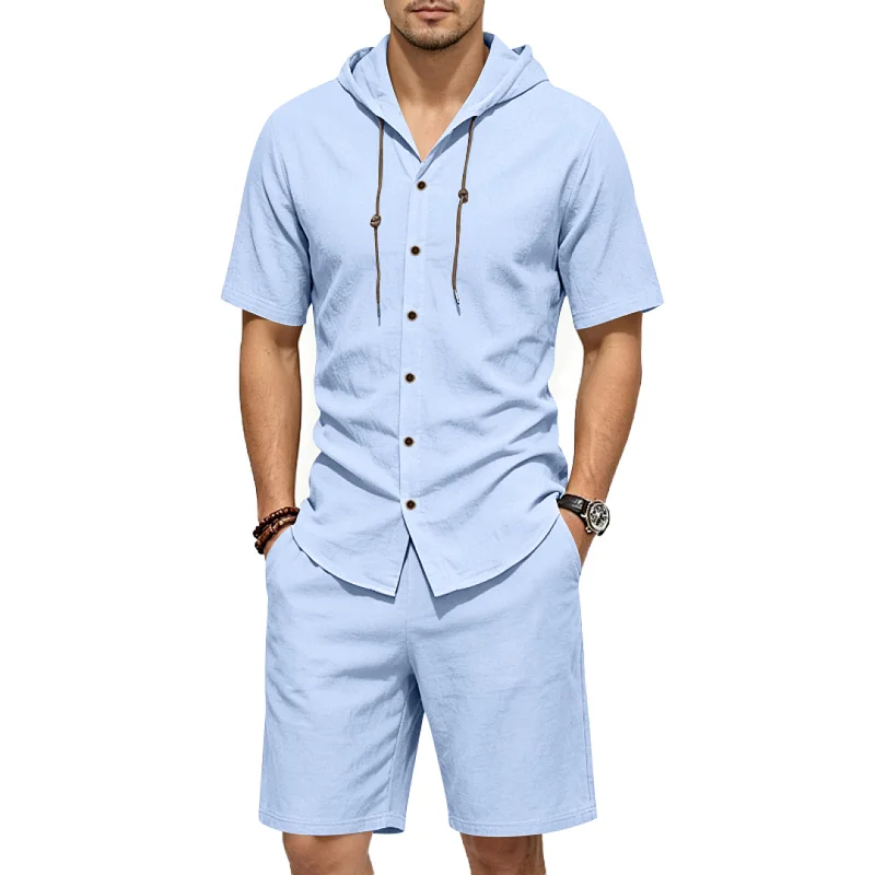 Men's Linen Blend Hooded Shirt & Shorts Set - Casual Summer Loungewear wholesale view 4