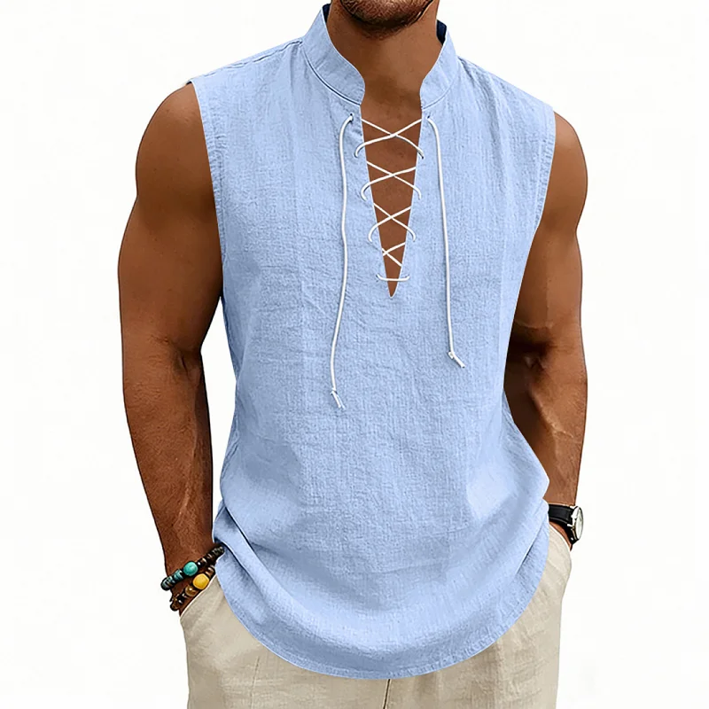 Men's Linen Viking Drawstring Vest - Breathable Sleeveless Top wholesale view 3