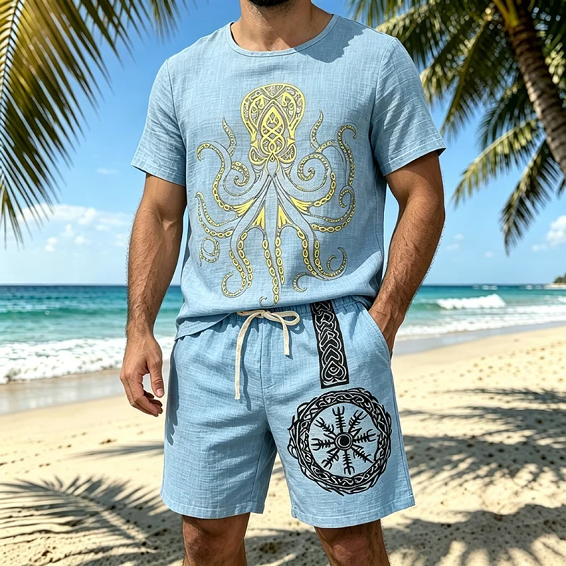 Men's Viking Faith Print Linen-Look Loose Shorts Set wholesale view 4
