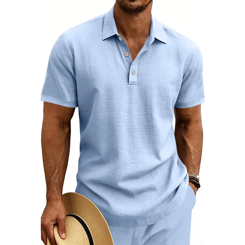 Men's Linen Blend Casual Polo Shirt - Breathable Short Sleeve wholesale view 4