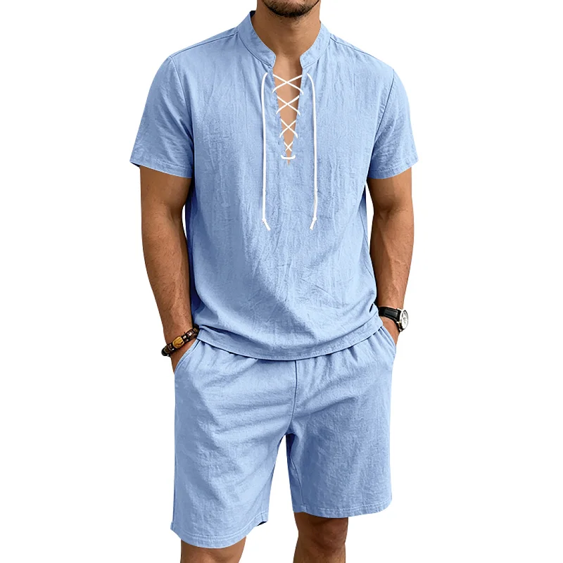 Men's Linen Blend Casual Set - Loose Fit Drawstring Collar Summer Outfit wholesale view 4