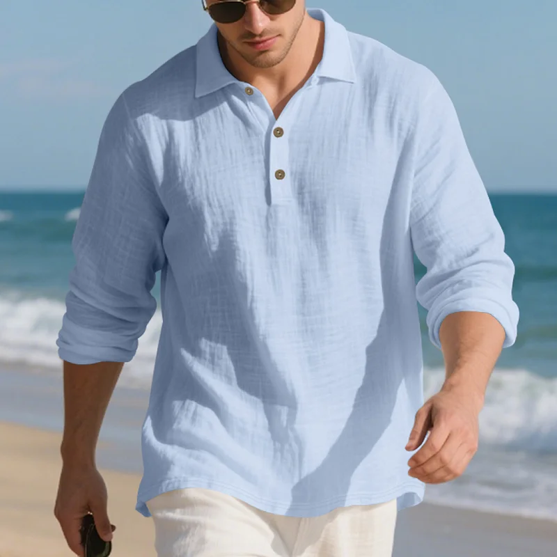 Men's Linen Blend Long Sleeve Polo Shirt - Casual Business Style wholesale view 4