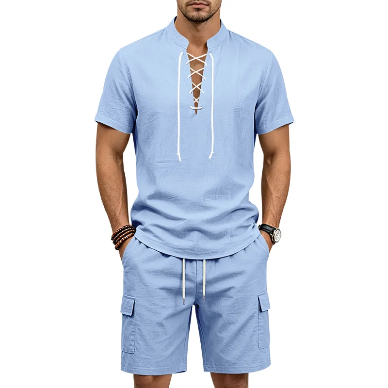 Men's Linen Blend Casual Shorts Set, Breathable Loose Fit wholesale view 4