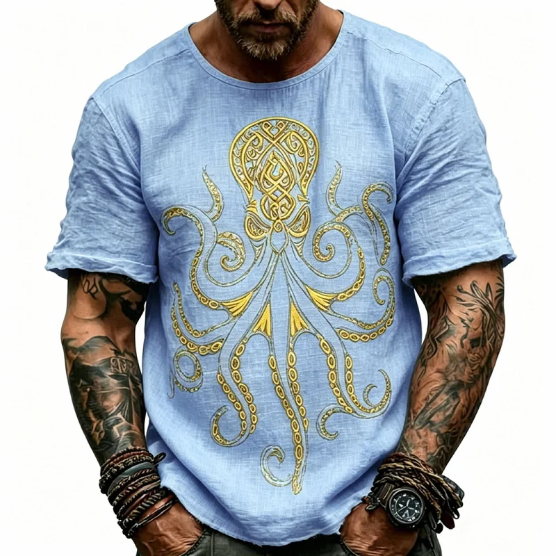 Men's Casual Gold Print Short Sleeve Shirt - Loose Fit, Polyester wholesale view 5