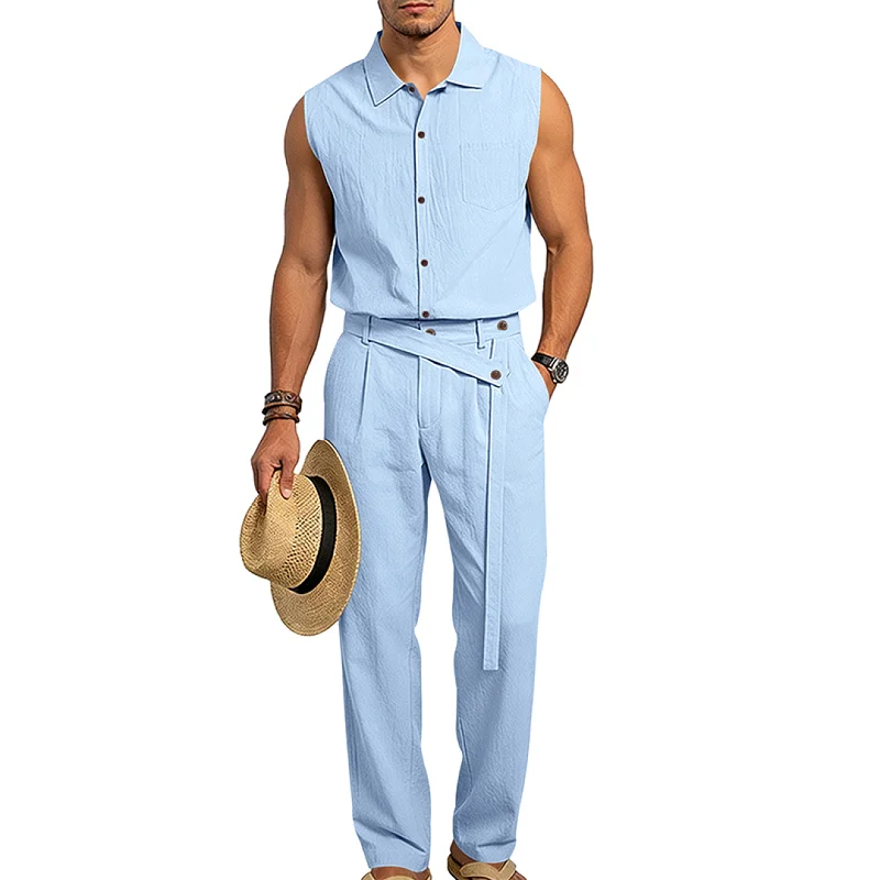 Men's Linen Blend Sleeveless Shirt & Pants Set - Summer Casual wholesale view 4