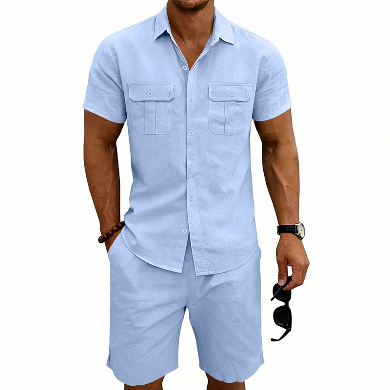 Men's Linen Blend Loose Fit Short Sleeve Shirt & Shorts Set wholesale view 4