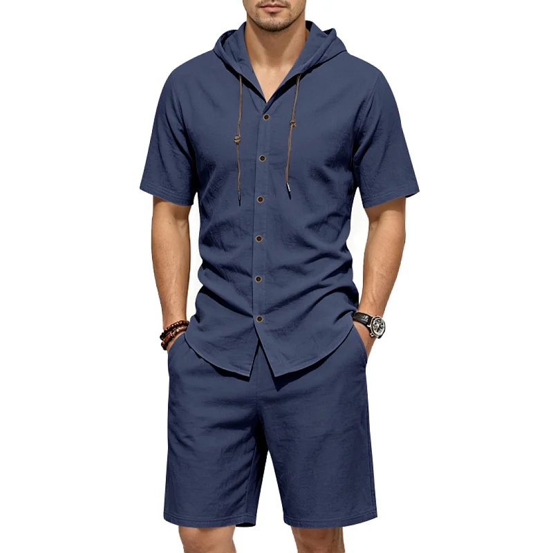 Men's Linen Blend Hooded Shirt & Shorts Set - Casual Summer Loungewear wholesale