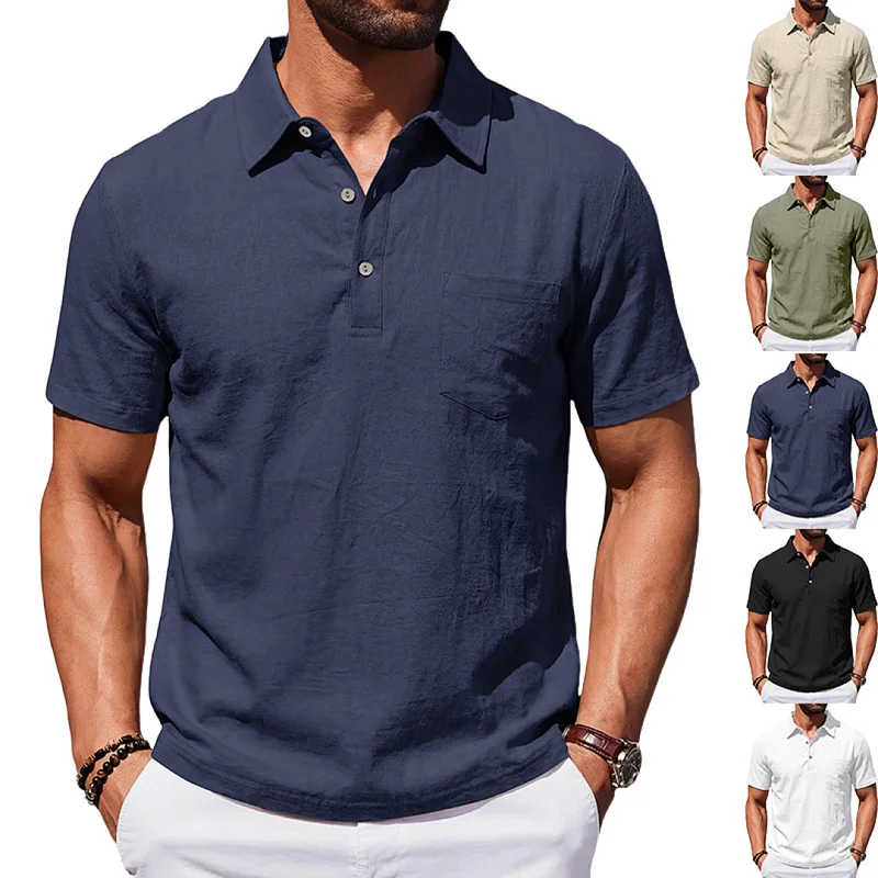 Men's Linen Polo Shirt, Loose Fit, Breathable, Casual Business wholesale front view