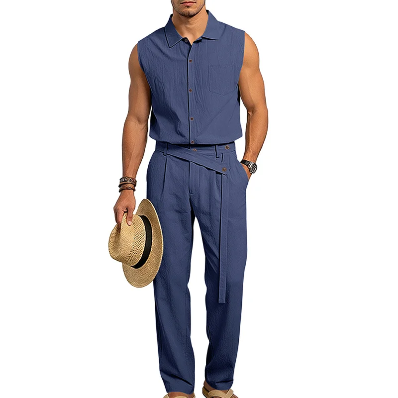 Men's Linen Blend Sleeveless Shirt & Pants Set - Summer Casual wholesale view 6