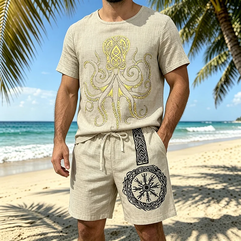 Men's Viking Faith Print Linen-Look Loose Shorts Set wholesale view 3