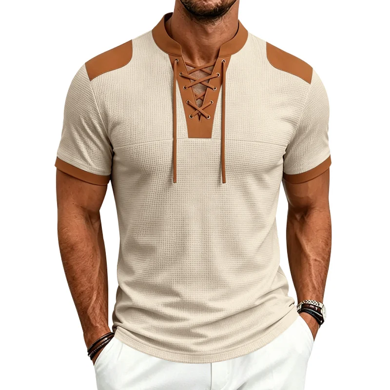 Men's Waffle Knit Henley Shirt, Loose Fit, Drawstring, Summer wholesale view 3