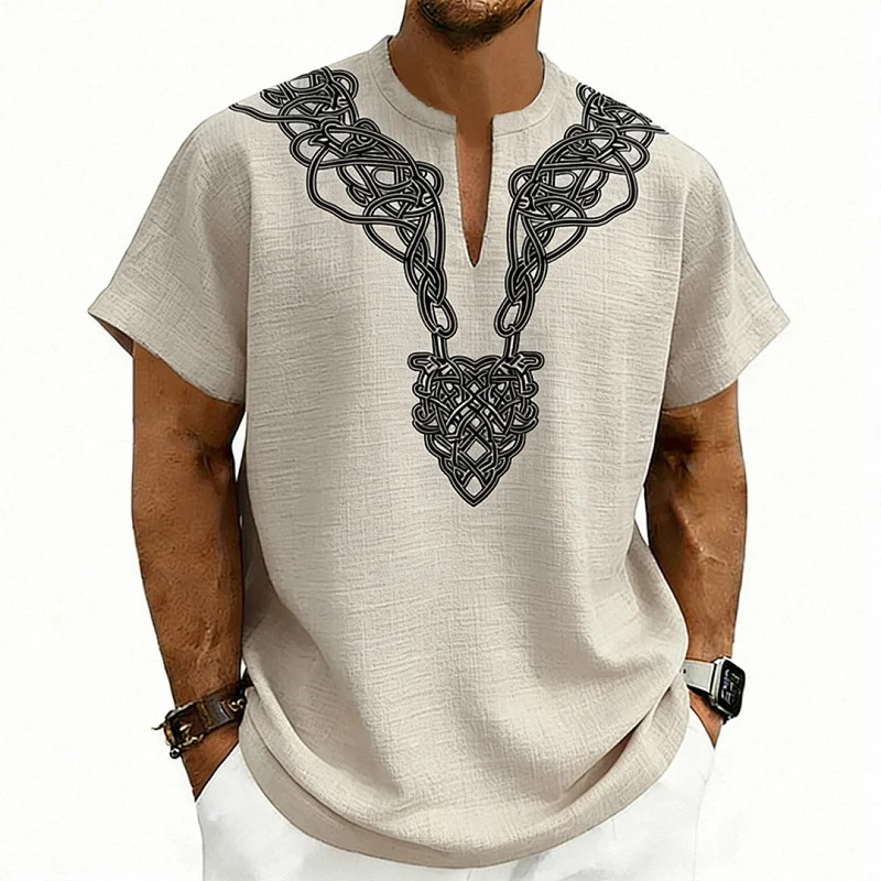 Men's Lightweight V-Neck T-Shirt, Loose Fit, Rune Print wholesale view 3